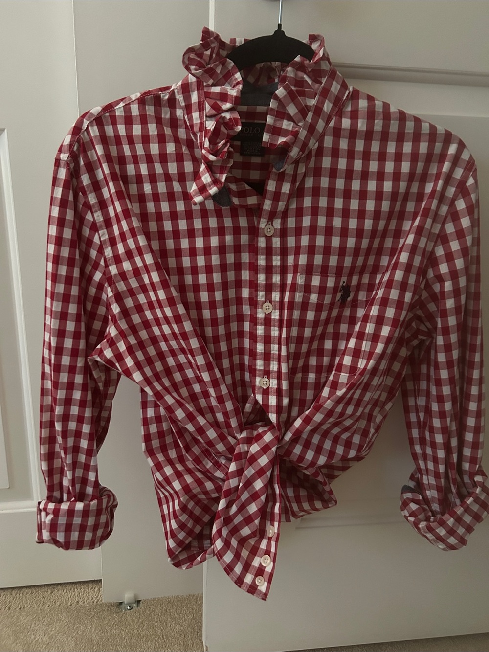 Red and White Gingham shirt recreated for a woman with a ruffled collar. So cute